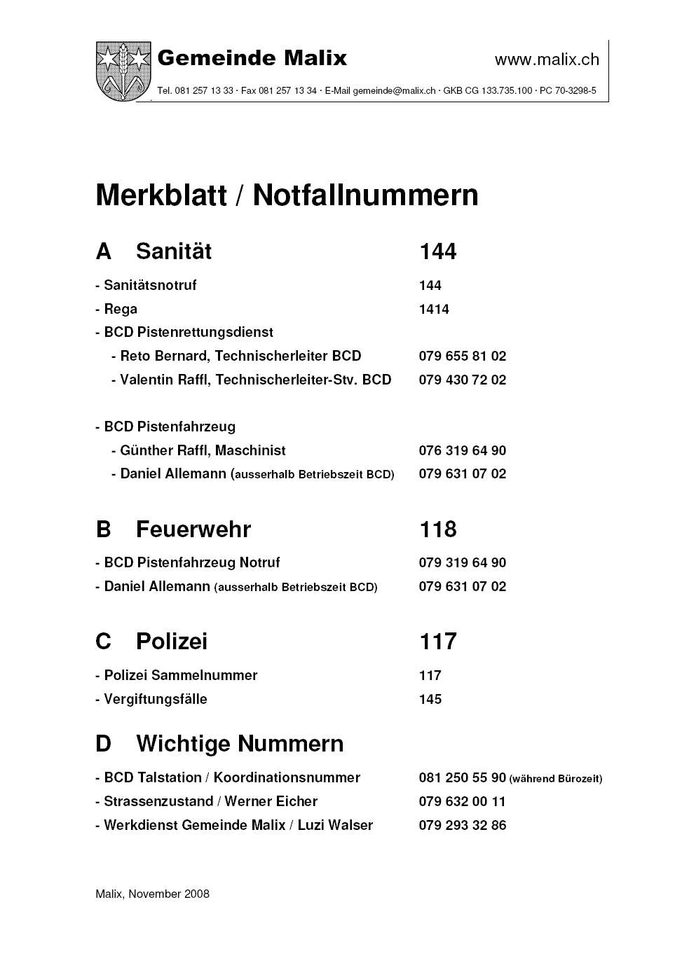 Die Notfallnummern von Brambrüesch